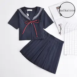 Японский Harajuku Школьная форма Темно-синие короткий рукав топ + юбка для Для женщин для девочек; Новинка Бесплатная доставка