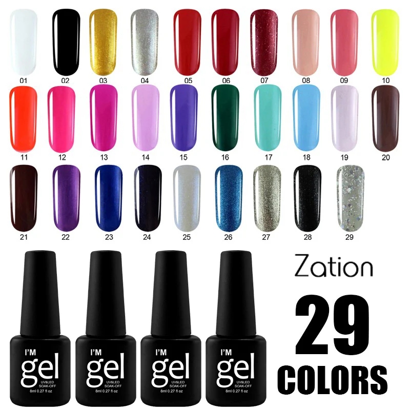 

Zation Hot Sale Gel Lacquer Manicure 29 Pure Colors Choose UV Gel Nail Polish High Quality Soak Off Colorful UV Gel Lacquer