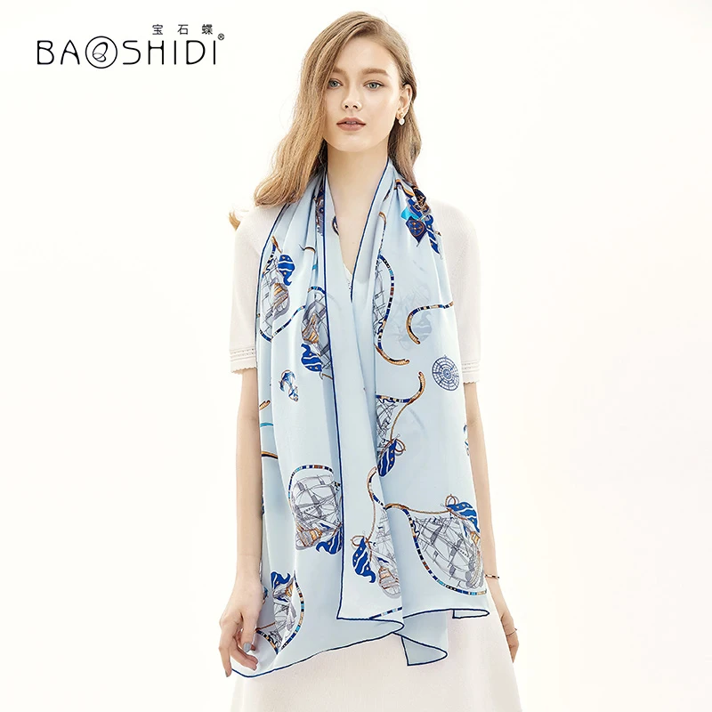 [BAOSHIDI] роскошный бренд шелковый длинный шарф, женская шелковая атласная Модная шаль, женский элегантный мягкий весенний натуральный шелковый шарф