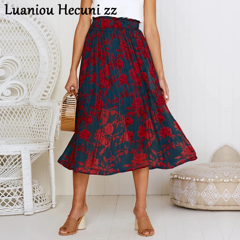 CHU Ni богемный женский Печатный принт юбка летняя повседневная Пляжная стильная женская плиссированная миди юбка элегантная эластичная юбка с высокой талией ON46