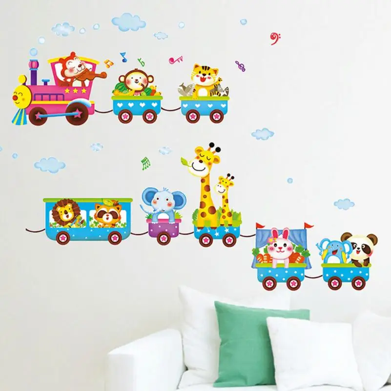 Животные из мультфильмов поезд ветка животное обезьяна медведь олень наклейки на стену для детей комнаты мальчики девочки дети спальня домашний декор HX0730