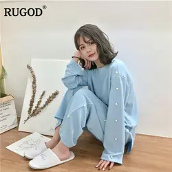 RUGOD 2018 Весна с длинным рукавом брюки для девочек хлопковые пижамы комплект для женщин сладкий карамельный цвет бисер пижамные ко