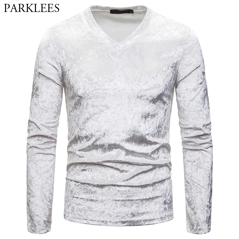 

White Velvet Velour V Neck Nightclub Tshirt Men 2019 Autumn New Slim Fit Long Sleeve T-shirts Mens Casual Smooth Tee Shirt Homme
