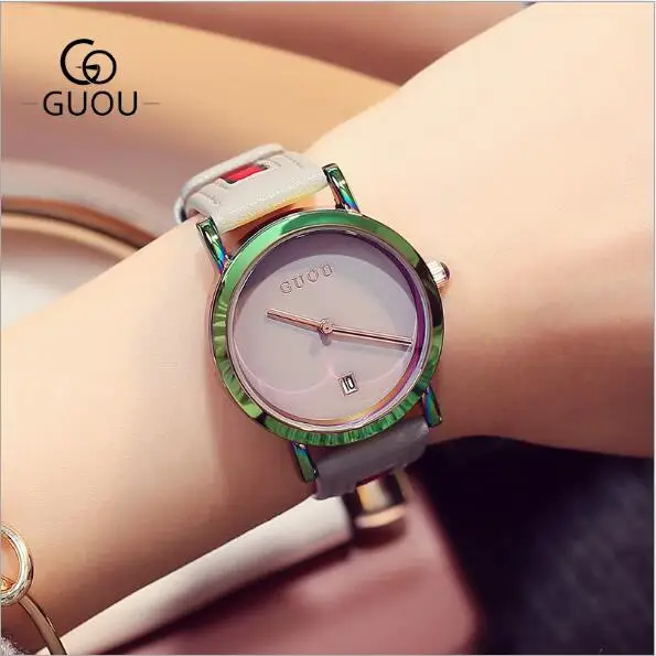 GUOU женские часы модные цветные женские часы Роскошные с кожаным ремешком повседневные женские часы relogio feminino Наручные часы