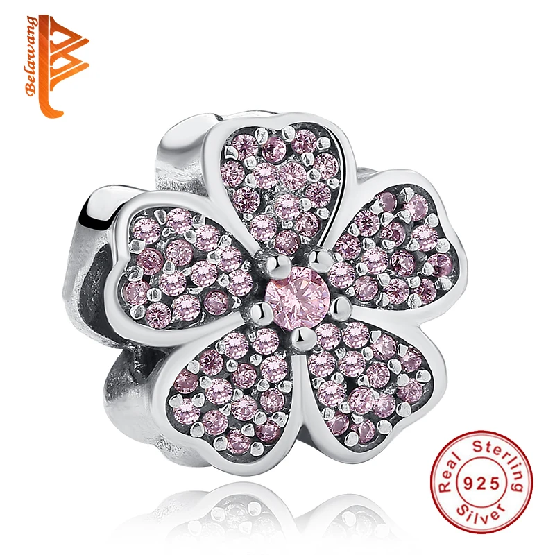 

BELAWANG 925 Sterling Silver Sweet CZ Crystal Cherry blossoms Charms Fit Pandora Bracelets & Bangles Necklace DIY Jewelry Gift