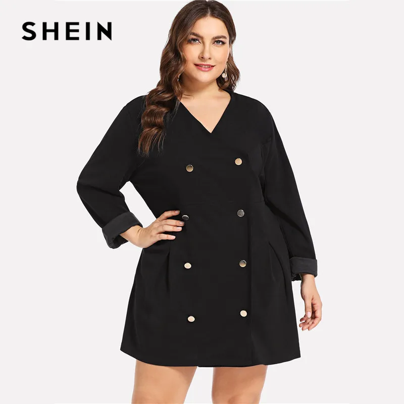 Buy SHEIN Black Plus Size Office Lady Double Buttoned