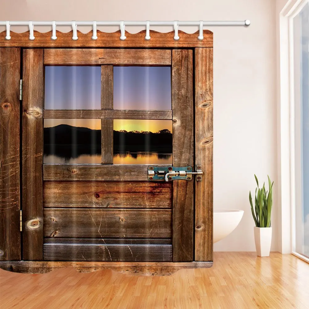 Wooden Bath Curtain, Timber Door with Window to Sunset and River Mildew Resistant Shower Curtain Set With Floor Doormat Wooden Bath Curtain, Timber Door with Window to Sunset and River Mildew Resistant Shower Curtain Set With Floor Doormat