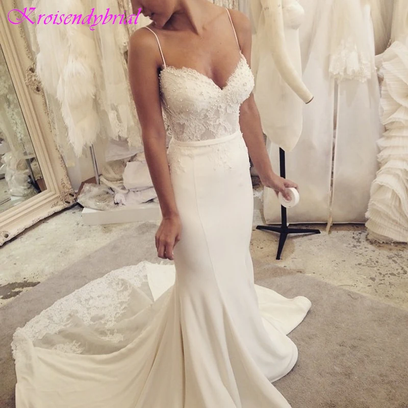

DZW546 Robe De Mariage Sweetheart Pearl Beaded Lace Mermaid Wedding Dresses 2019 Soft Satin Wedding Gowns Sexy Vestido De Novia