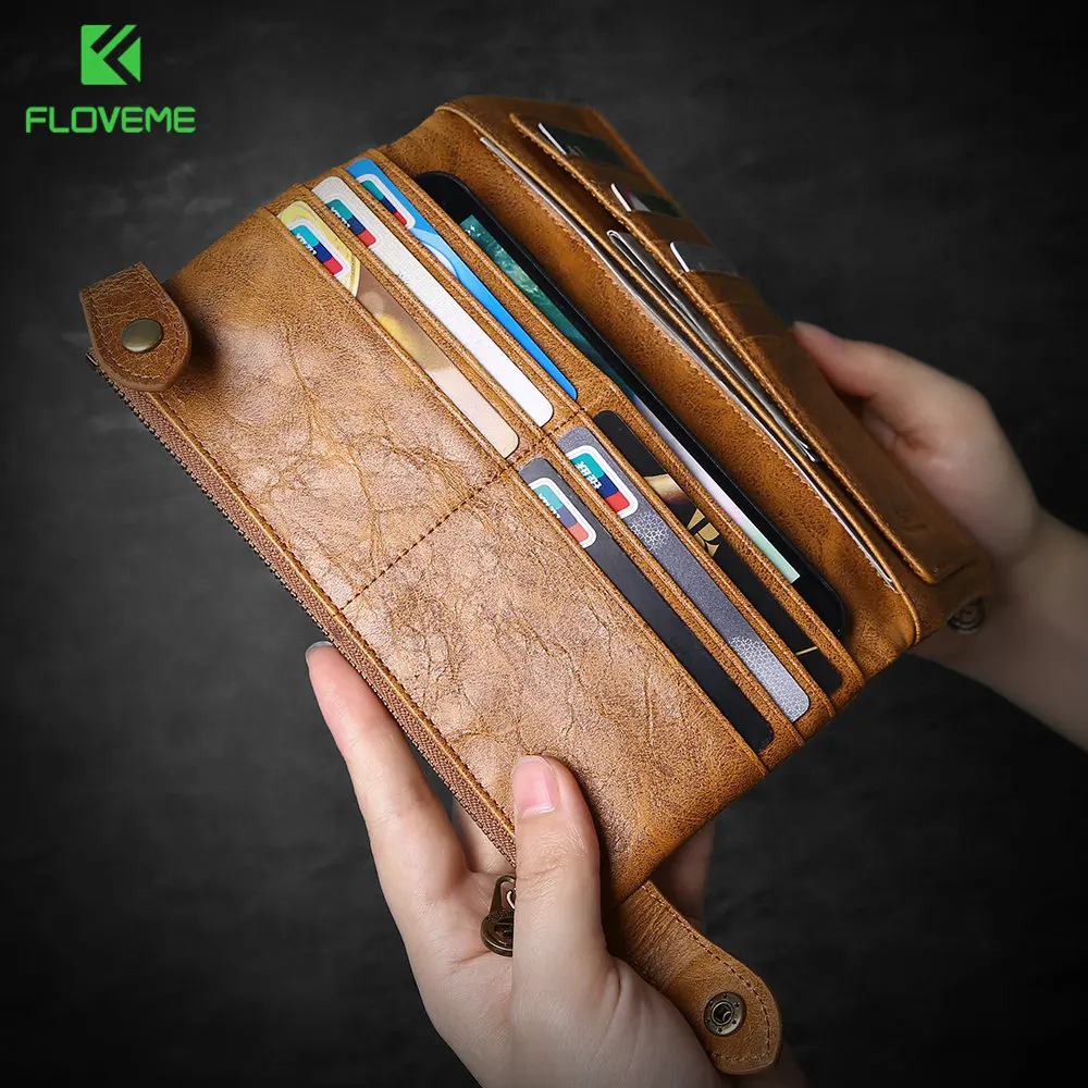 Beste FLOVEME Wallet Cover Voor iPhone 6 6 s 7 8 Plus X PU Lederen Retro Rits Pouch Handtas Voor Samsung galaxy S8 S9 Plus Note 9 Case