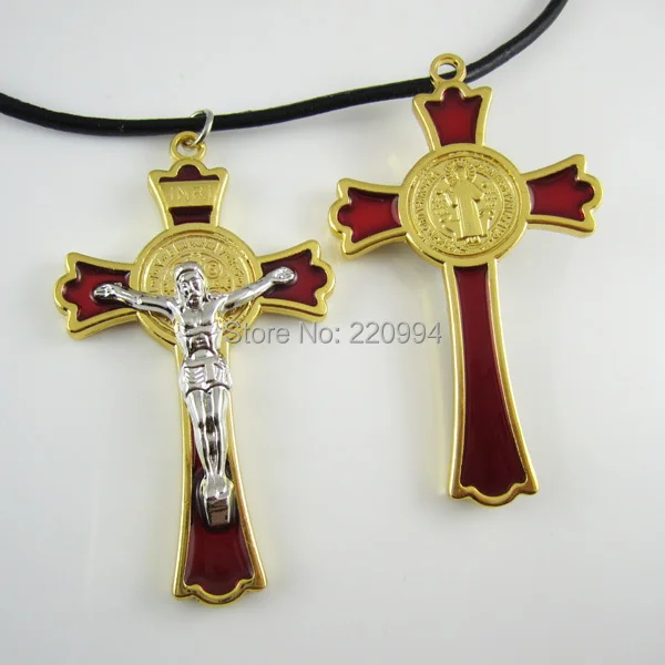 

Gold tone Red St. Benedict Crucifix cross leather rope necklace