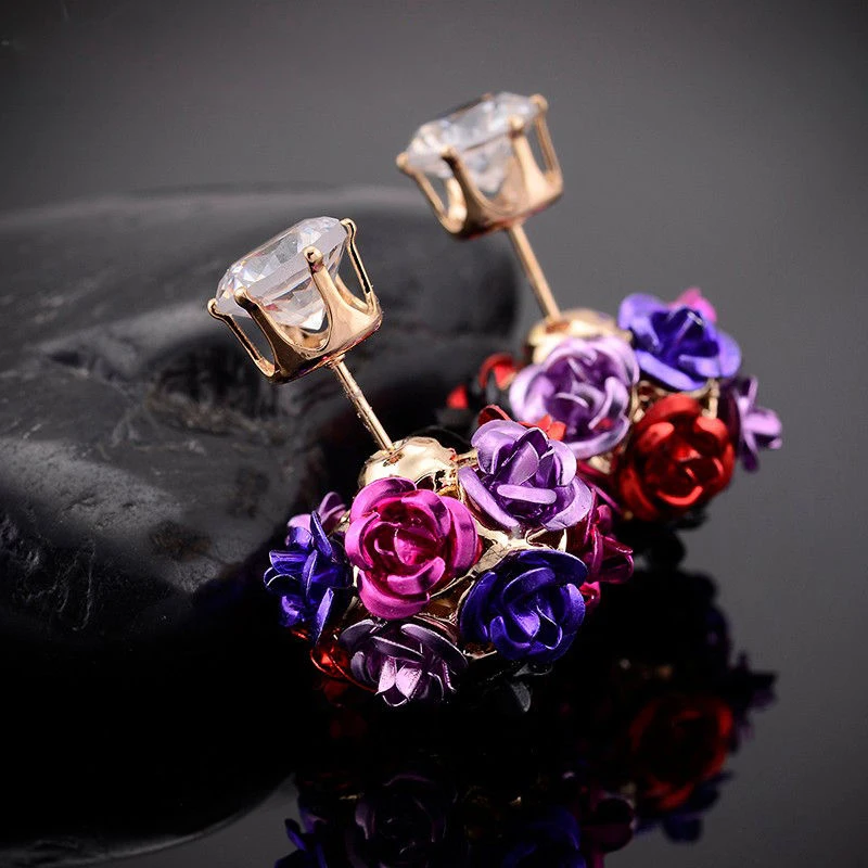 Shellhard Crystal Earring Femme Brincos Elegant Womens Double Sided Rose Flower Stud Earrings Fashion Jewelry Gift