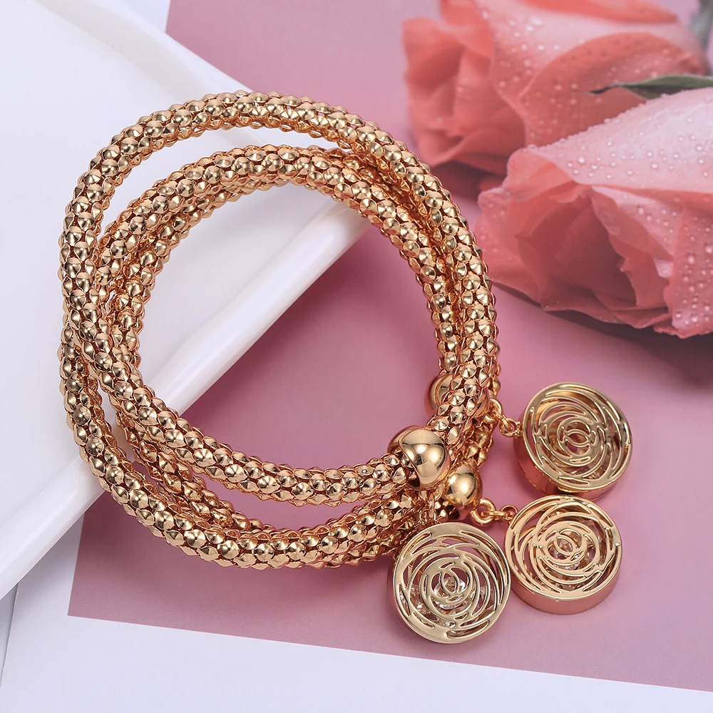 3Pcs Hollow Flower Charms Bracelets Gold Silver Color Popcorn Chain Rhinestone Pendant Bracelet For Women Gift Dropshipping