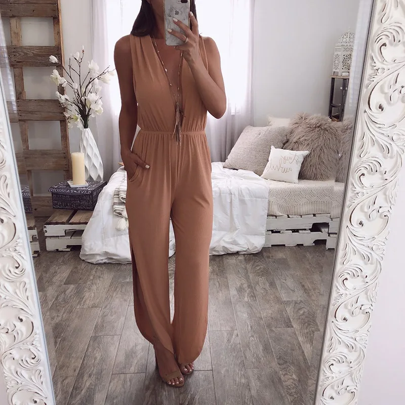 

2019 Summer Jumpsuit Women Sexy Sleeveless Deep V Neck Romper Elegant Beach Overalls Playsuit Streetwear Combinaison Femme S-XL
