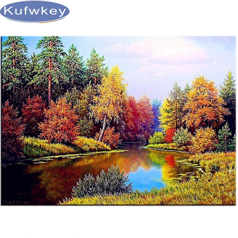 

Diy 5D Diamond Painting Autumn Pond Full square Diamond Mosaic Picture natural Diamond Embroidery Landscape Pattern Rhinestones