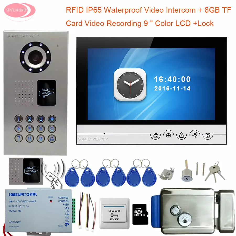 

9'' Video Intercom With Recording 8GB TF Card Home Security Camera IP65 Waterproof Rfid Video Door Phone+Electronic Control Lock