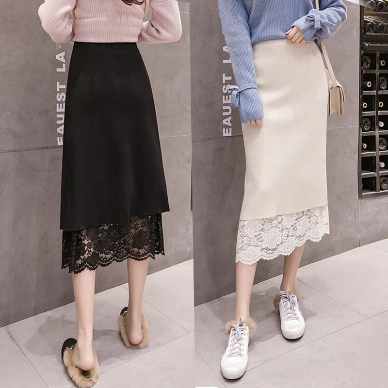 Два способа носить осенние юбки для женщин, модная Милая Кружевная юбка с вырезами для девочек, черно-белые вязаные юбки с высокой талией 1315