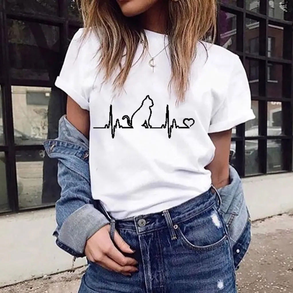 

Electrocardiogram Cats T-shirts Harajuku Fashion Graphic Tees Women Funny Slim Cute Girl's Tshirt Tees & Tops I Love Cats Summer