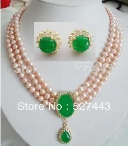 

Wholesale Stunning 3 rows pink Pearl jade Necklace earring set