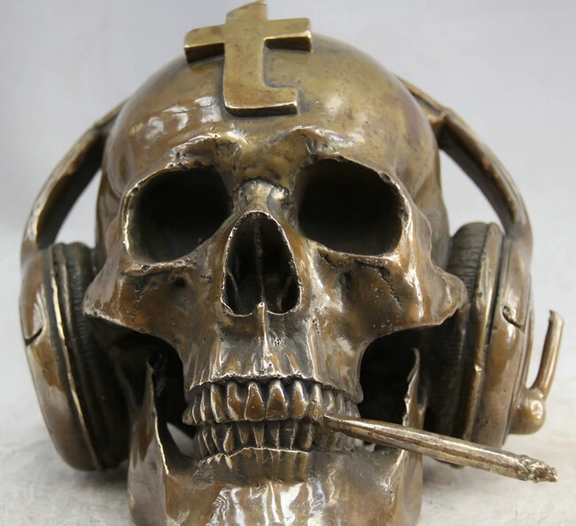 

10" ART Bronze Sculpture Smoke Cigarette Listen to the Headset Skull Head Statue R0710 Discount 35%