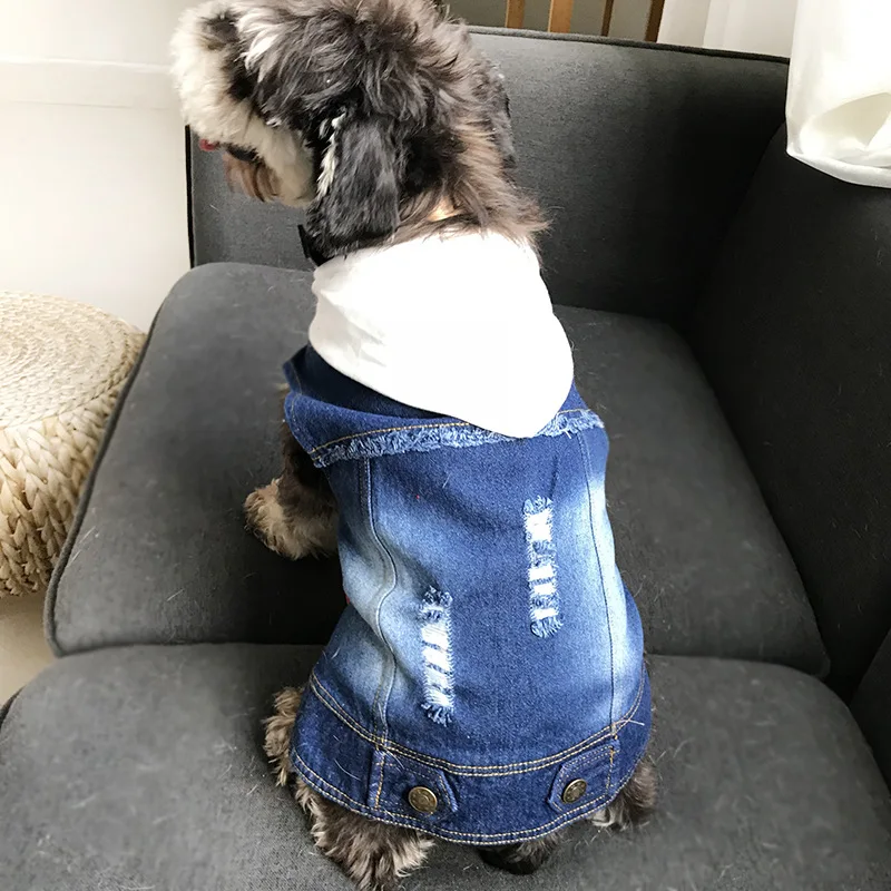 

Korean Pet Clothes Hole Cowboy Jean Clothes for Dogs Spring Autumn Chihuahua Teddy Dog Jacket Hooded Dog Vests ropa perro XQ75