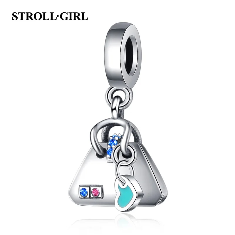 

Strollgirl New 925 sterling silver Blue Enamel Handbag Charms Pave Blue CZ beads Fit European Bracelet for Women DIY Jewelry