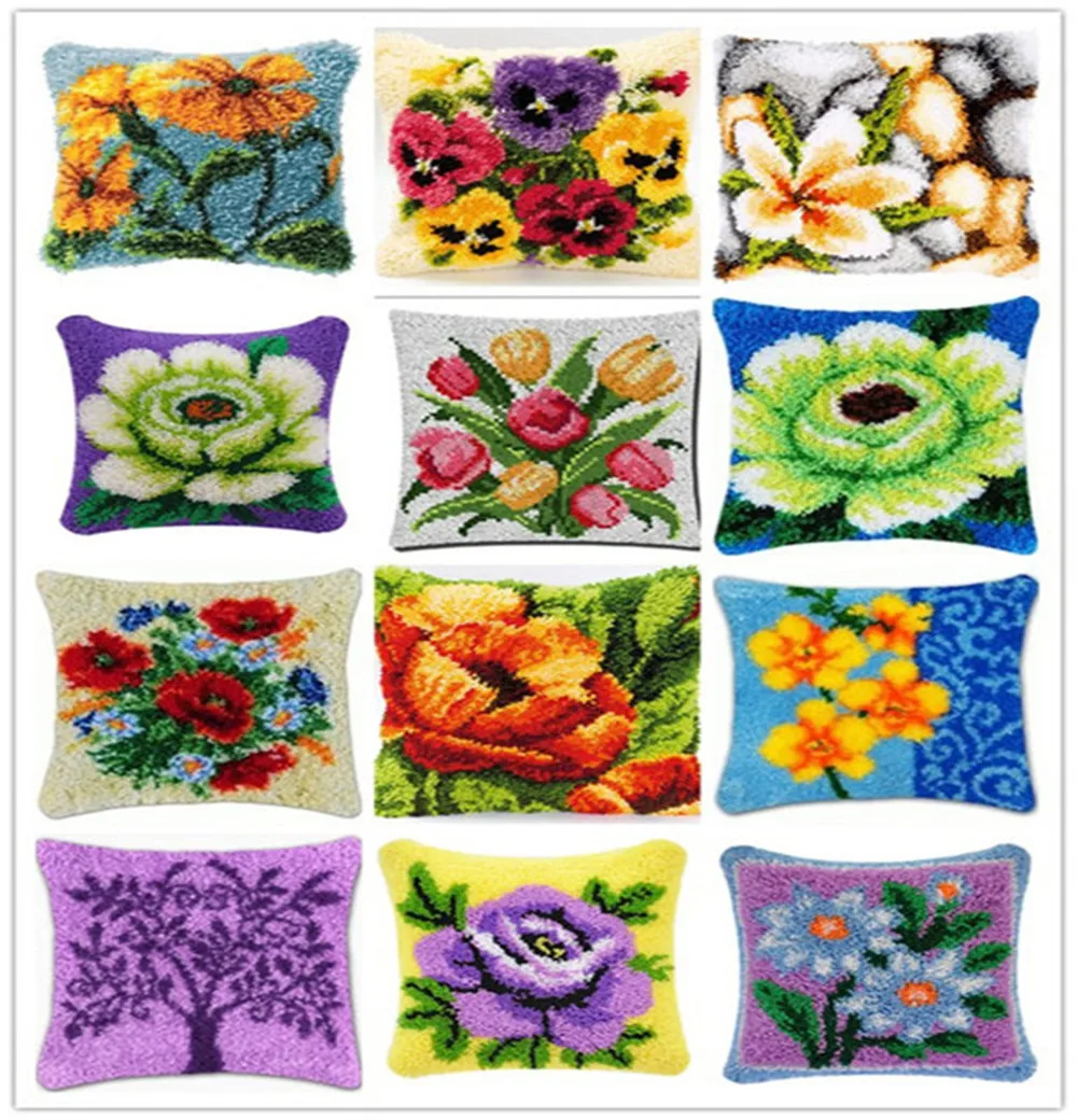 Cushion Latch Hook Kit Pillow Mat DIY Craft Flower 42CM by 42CM Cross