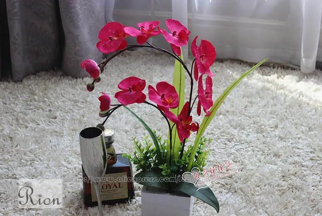 

Artificial orchid with fake drops , flower and vase in one set ,wood vase ,silk orchids .