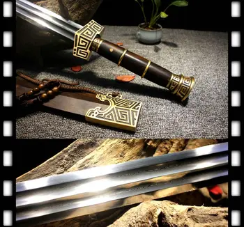 

Copper Knife fitted/Pear Wood Saya Chinese Sword Engroove Folded Pattern Steel Double edge Sharp China QIN Dynasty Battle Jian