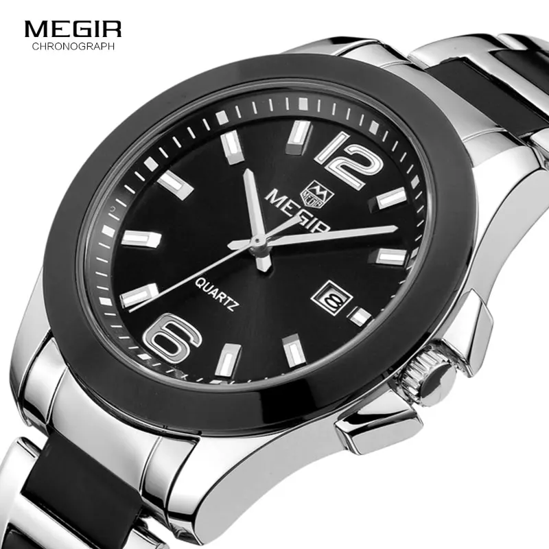 

MEGIR Men's Simple Minimalism Steel Quartz Wrist Watches Black Silver Analogue Dress Clock Relogios for Business Man MS5006G