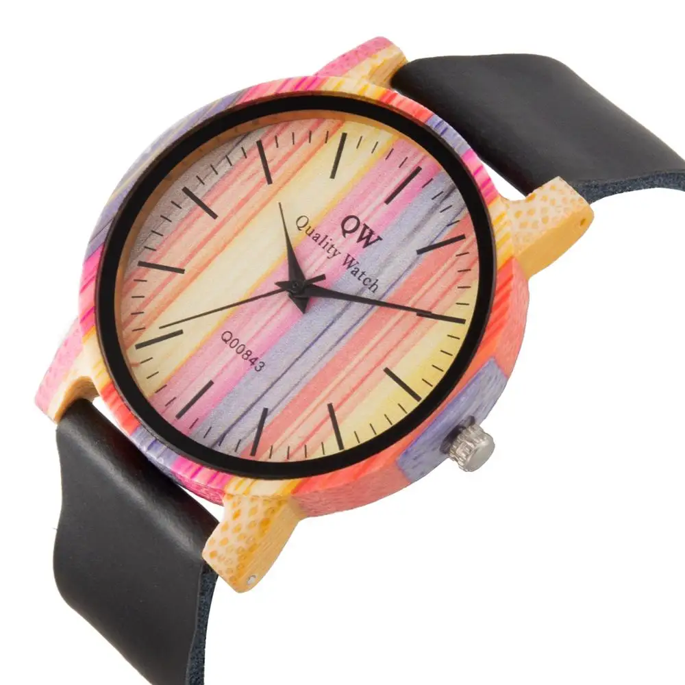 QW Спортивные кварцевые женские часы с шагомером для девушек, женские модные повседневные деревянные модные женские кожаные красочные роскошные деревянные часы