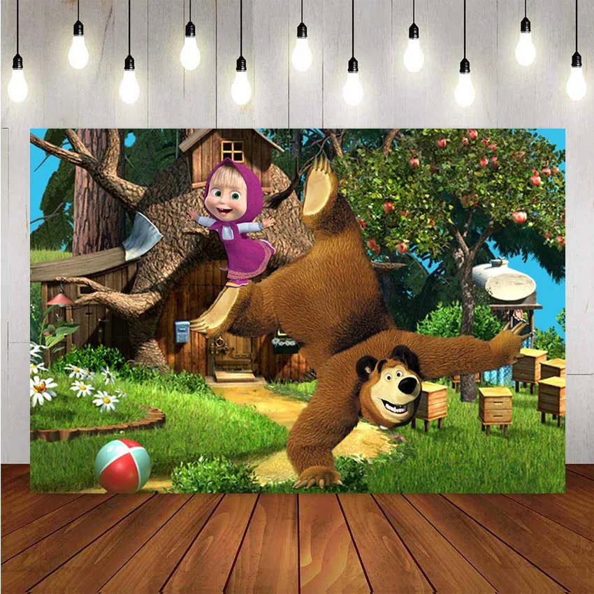 

Photography Backdrop Cartoon Birthday Jungle Adventure Theme Party Background Apple Tree Girl Bear Backdrop Photo Studio Banner