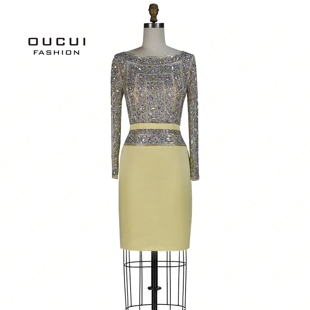 

Long Sleeves Sequin Cocktail Dress Real photos Stain Sashes Straight Full Crystal Handmade Knee-Length OL102804B