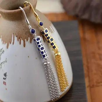 

Natural Lapis Lazuli Long Tassel Earrings For Women Vintage Chinese Word Happness Gold Plated 925 Sterling Silver Jewelry