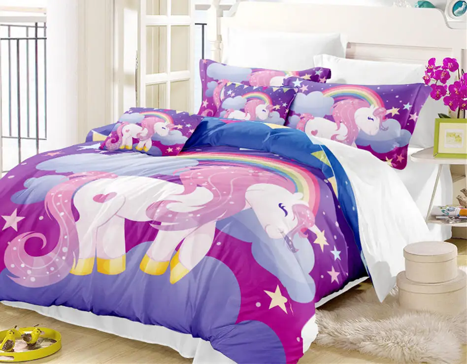 

Unicorn Bedding Set Purple Designer Duvet Cover Cartoon Rainbow Animal Printed Bed Line for Girl Princess Room