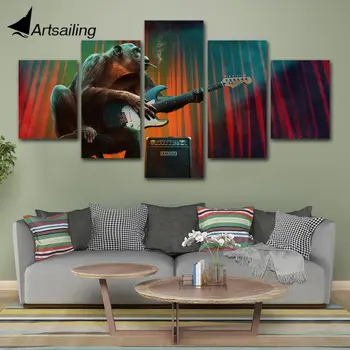 

ArtSailing 5 Piece canvas painting Smoking Monkey Guitar Music HD pictures wall art Home Decoration for Living Room poster