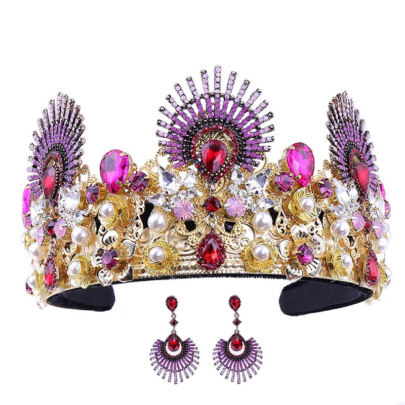 

Baroque Bride Tiara and Earrings Sets Vintage Crystal Wedding Jewelry Sets Hair Ornaments Pearl Rhinestone Queen Crowns ML839