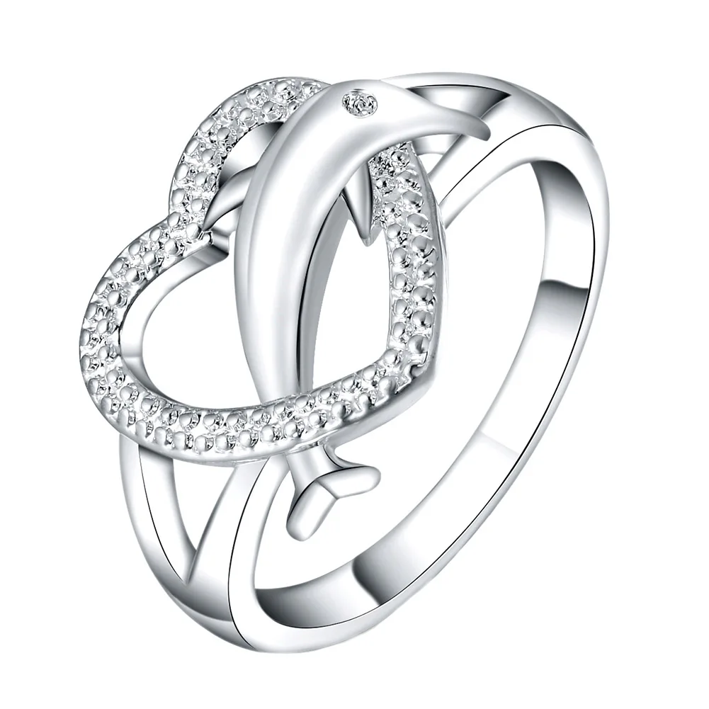 

Silver Fashion Wedding Ring Jewelry Dolphin & Heart With Crystal Stone Ring For Women Top Quality Silver Plated