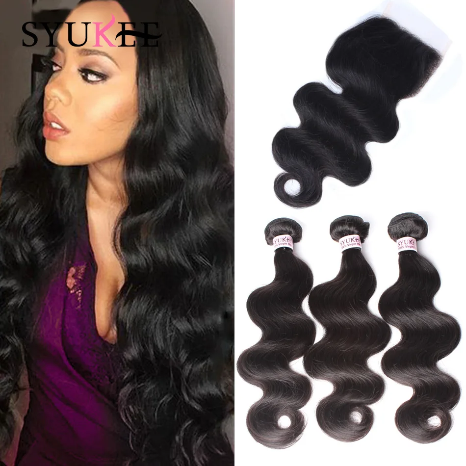 Syukee 7A Brazilian Virgin Hair With Closure 3 Bundles With Closure Human Hair With Closure Brazilian Body Wave With Closure