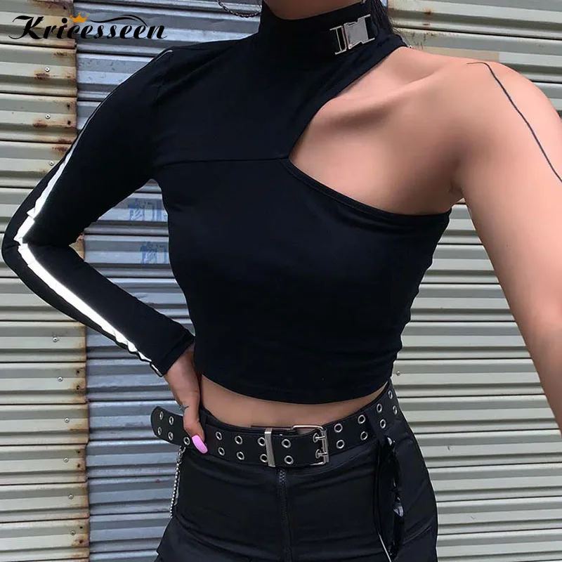 

Kricesseen Casual One Long Sleeve Side Reflective Detail T shirts Women Black One Shoulder Contrast T Shirt Buckle Tops