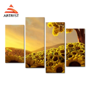 

4 Panel Modular Modern Home Decorative Art Wall Gold Sunflower Canvas Painting Picture HD Print On Canvas For Living Room AR370