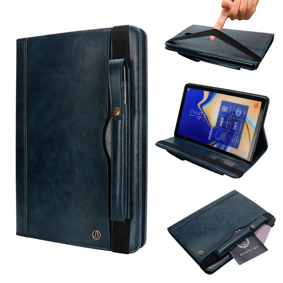 Для samsung Galaxy Tab S4 10,5 T830 T835 класса люкс из искусственной кожи чехол-книжка чехол Бизнес Стиль подставка Защитная крышка с держатель для карт+ подставка для ручек - Цвет: Синий
