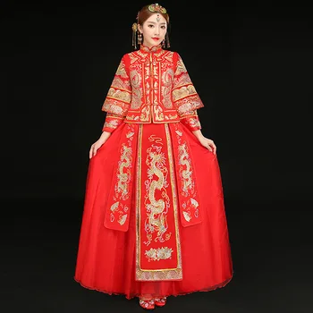 

Chinese Bride Wedding Qipao Ladies SuZhou Embroidery Mesh Dress Gown Dragon Phoenix Cheongsam Marriage Gift Toast Clothing