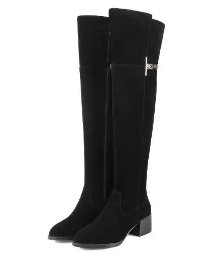 

Round toe medium heel over-the-knee long boots for women Ladies'black solid chunky heel long boots Dress shoes Female long boots