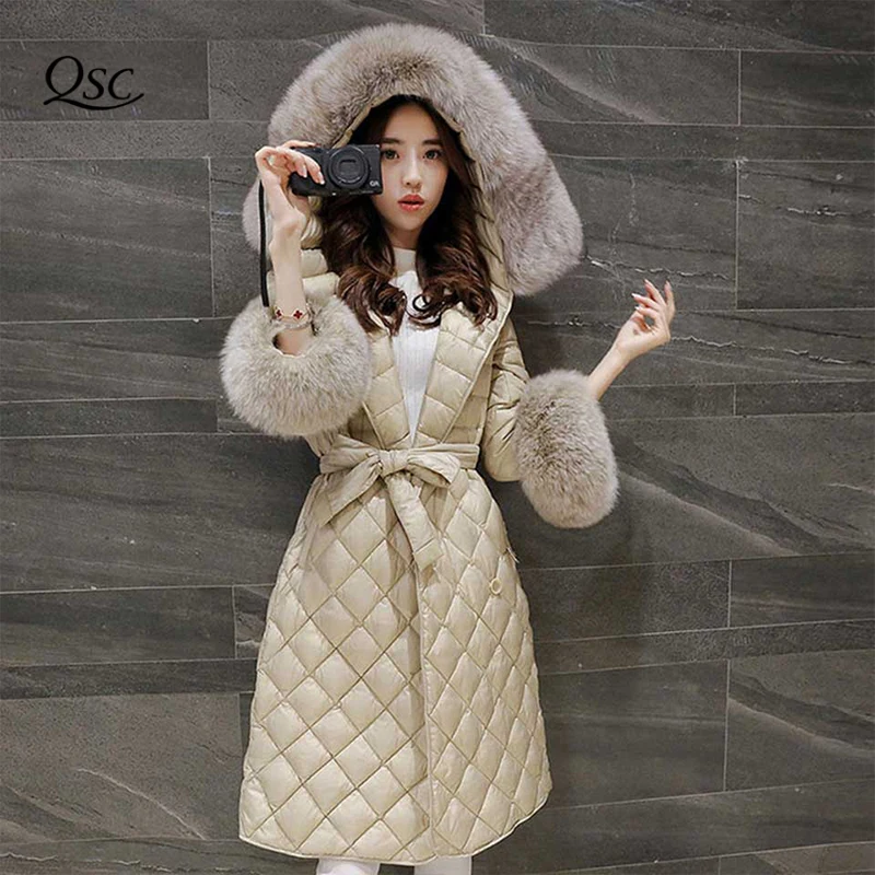 

2016 Korean Winter New Slim Warm Hooded Real Fox Fur Collar Female Down Coat Long Plus Size Women Jacket Parka White Duck Down