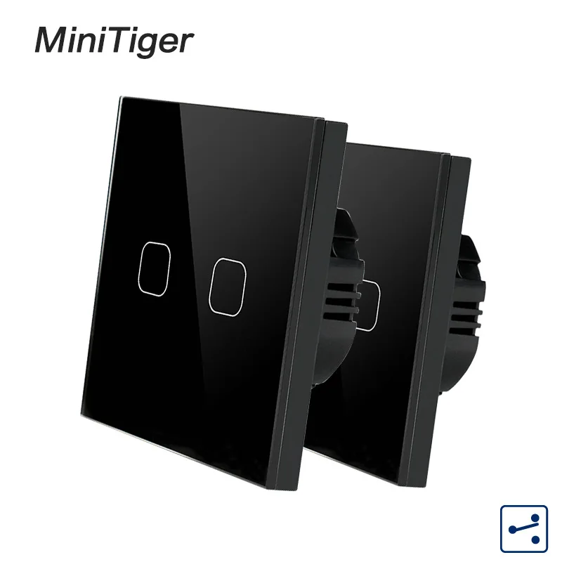 Minitiger ЕС стандарт 1/2 банды 2 способ управления настенный сенсорный экран переключатель, Хрустальная стеклянная панель, крест/через переключатель, 2 шт./упак - Цвет: 2 Gang 2 Way Black