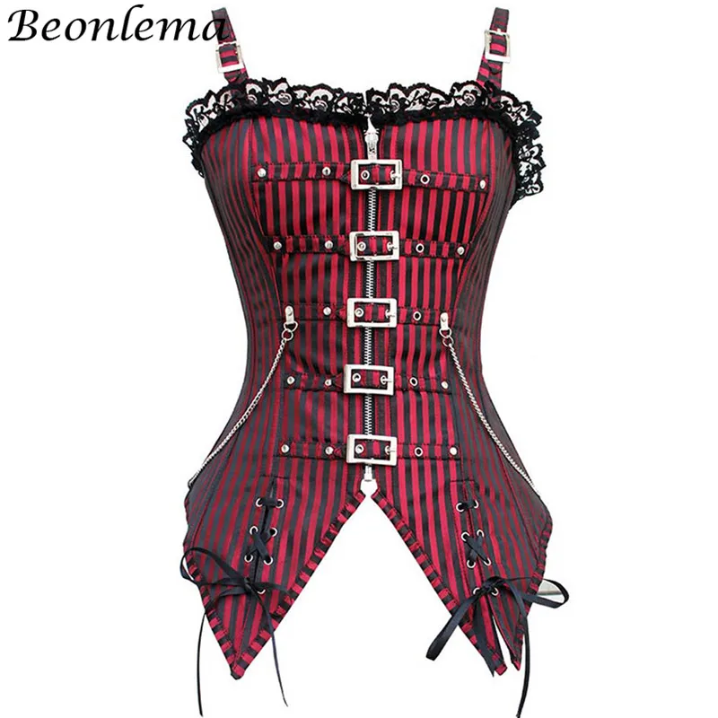 

Beonlema Steampunk Corset Red Black Gothic Clothing Women Lace Corsets and Bustiers Overbust Lacing Korsett Femme Faja