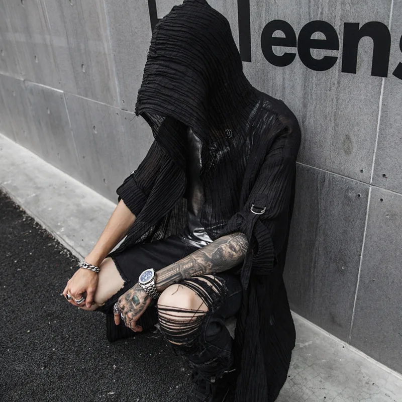 

2019 summer men black thin linen punk hip hop long trench coat hooded cloak nightclub gothic style vintage jacket Stage Costumes