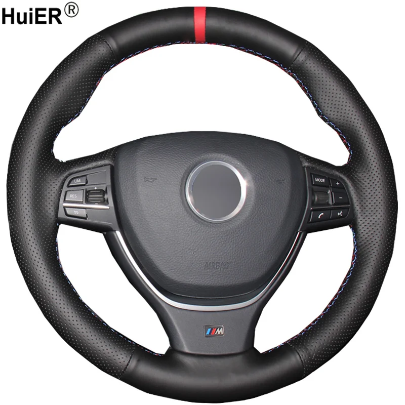 

HuiER Hand Sew Car Steering Wheel Cover Red Marker For BMW F10 2014 520i 528i 2013 2014 730Li 740Li 750Li Non-slip Car Styling