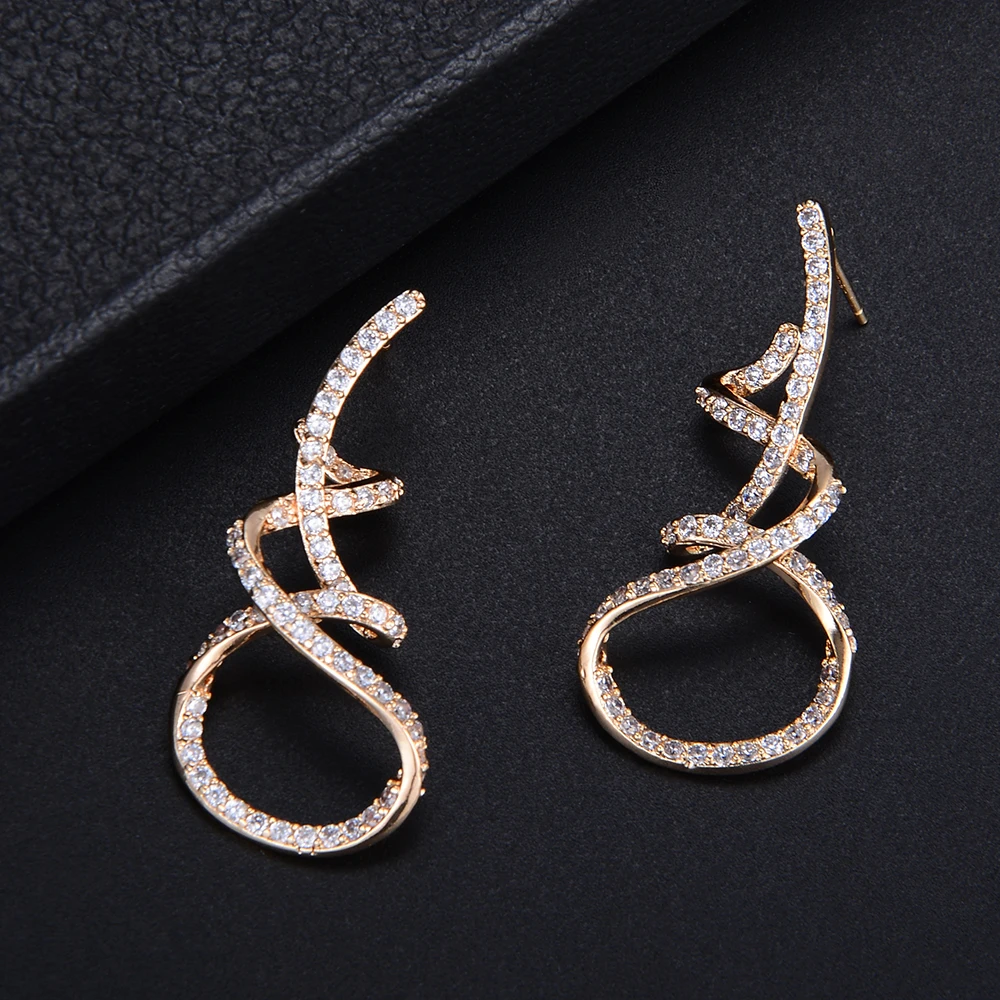 38mm Women Unique Irregular Twine Geometric Full CZ Stud Earrings For Bridal Engagement Earrings Jewelry