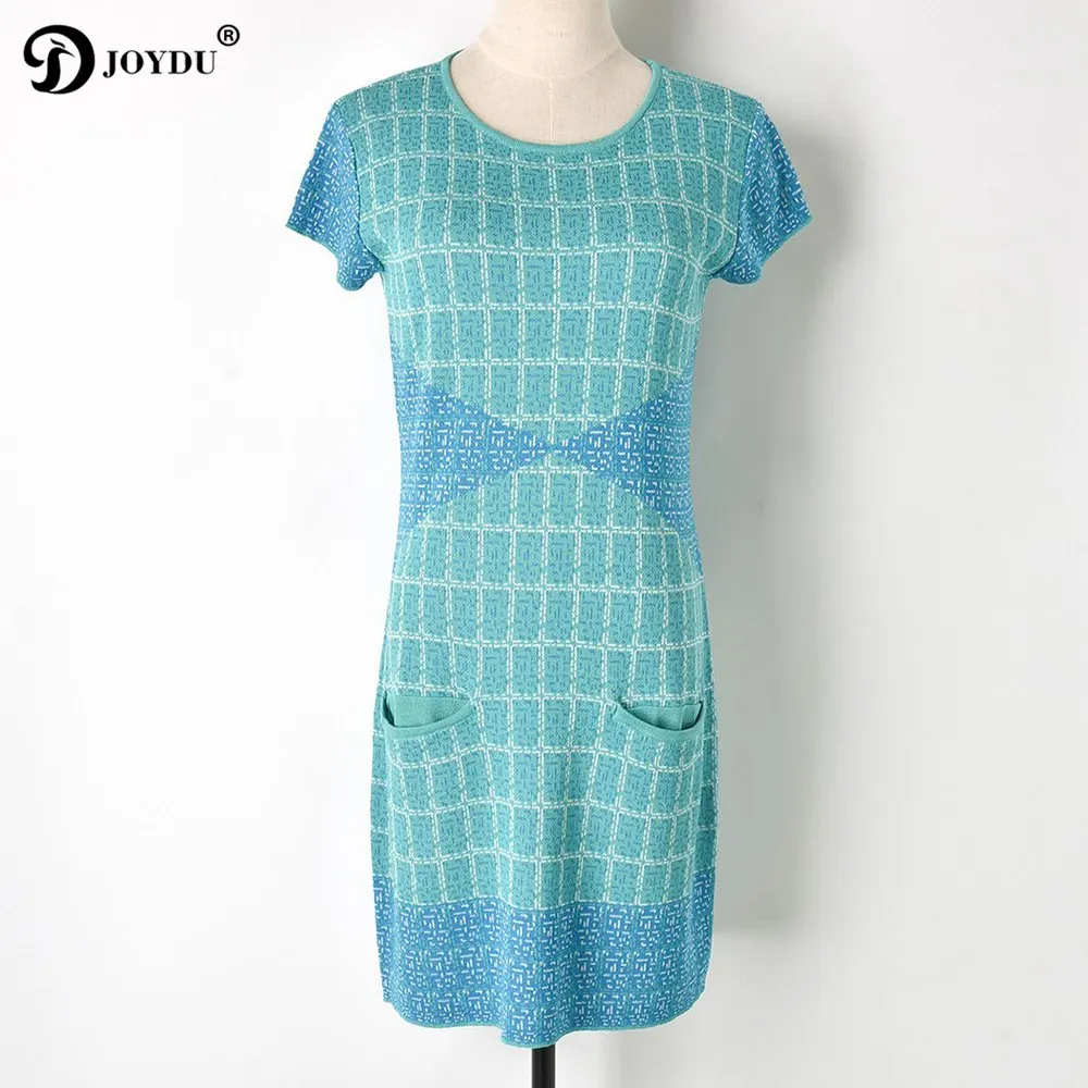 

JOYDU Fashion Blue Plaid Party Dress Female 2018 New Short Sleeve Pockets Knitted Runway Summer Dress Beach Dresses for Women